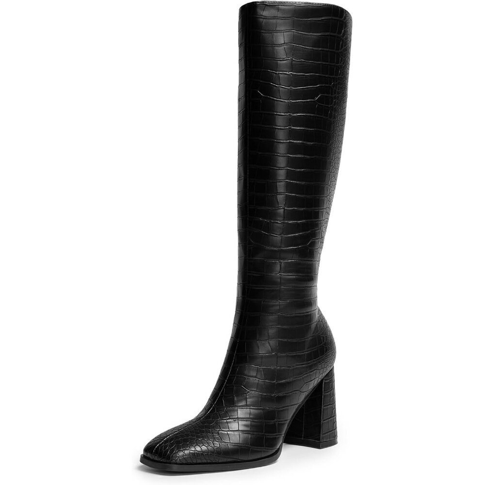 Women's Black DREAM PAIRS Knee-High Square Gogo Chunky Heel Side Zip Boots